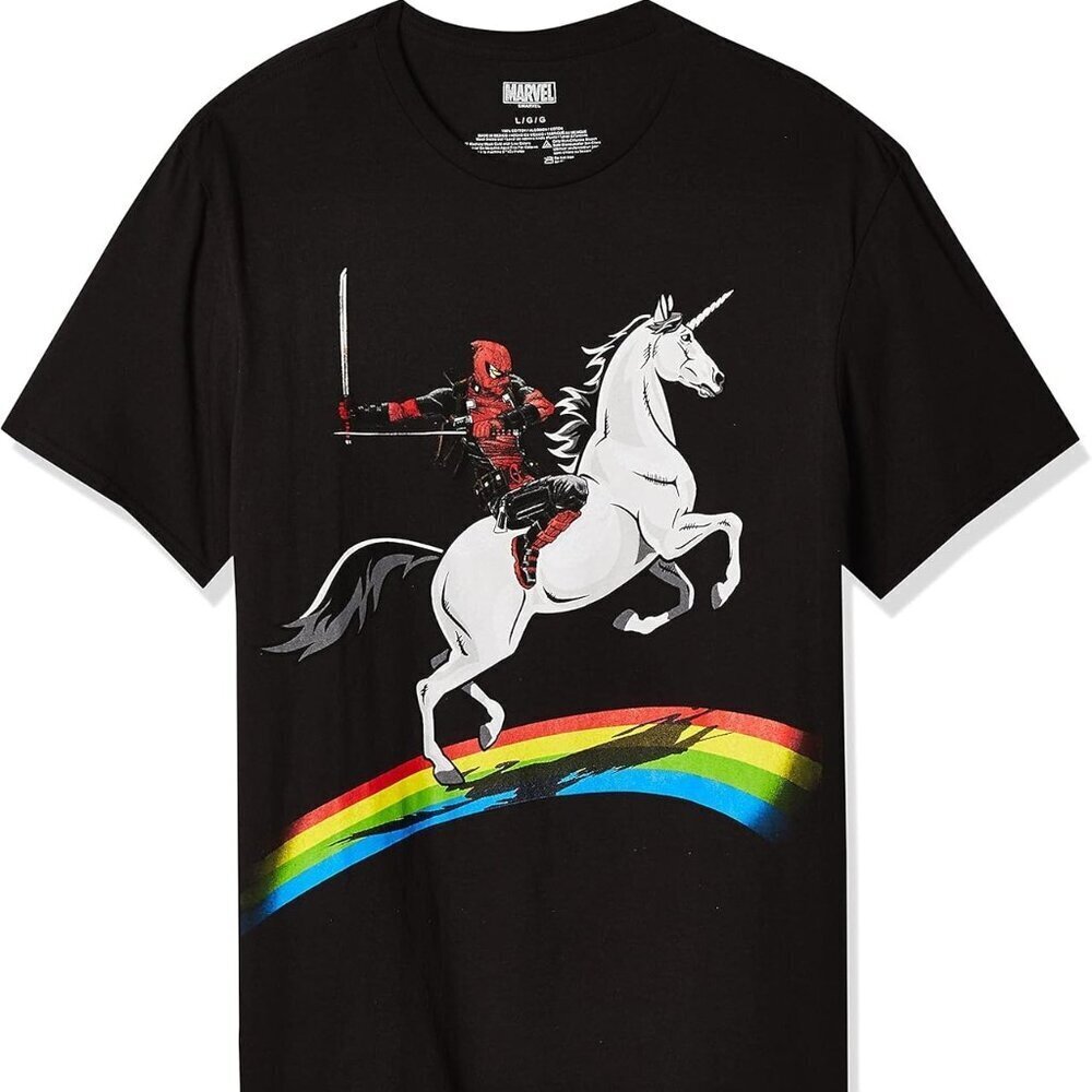 Marvel Deadpool Riding A Unicorn On A Rainbow Black T-Shirt Size Men's Size M